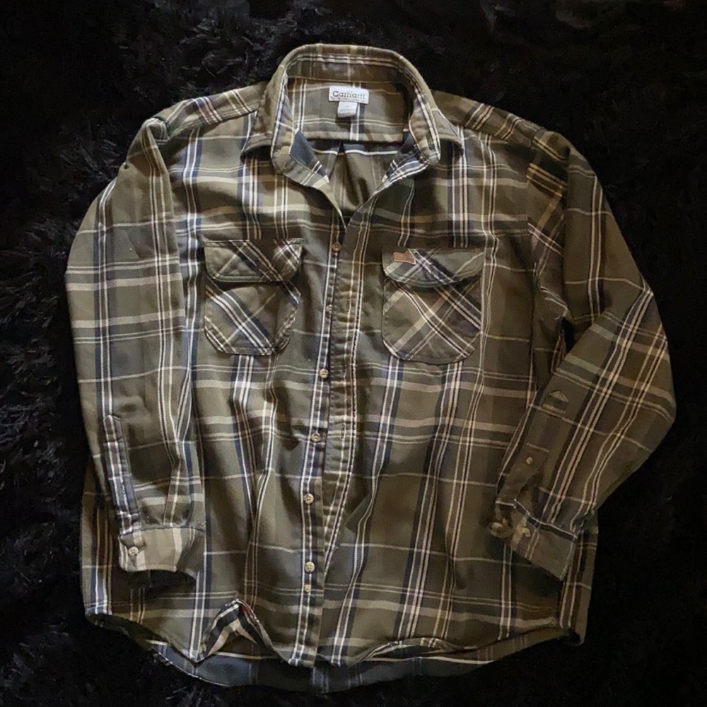 THICK CARHARTT GREEN PLAID BUTTON UP